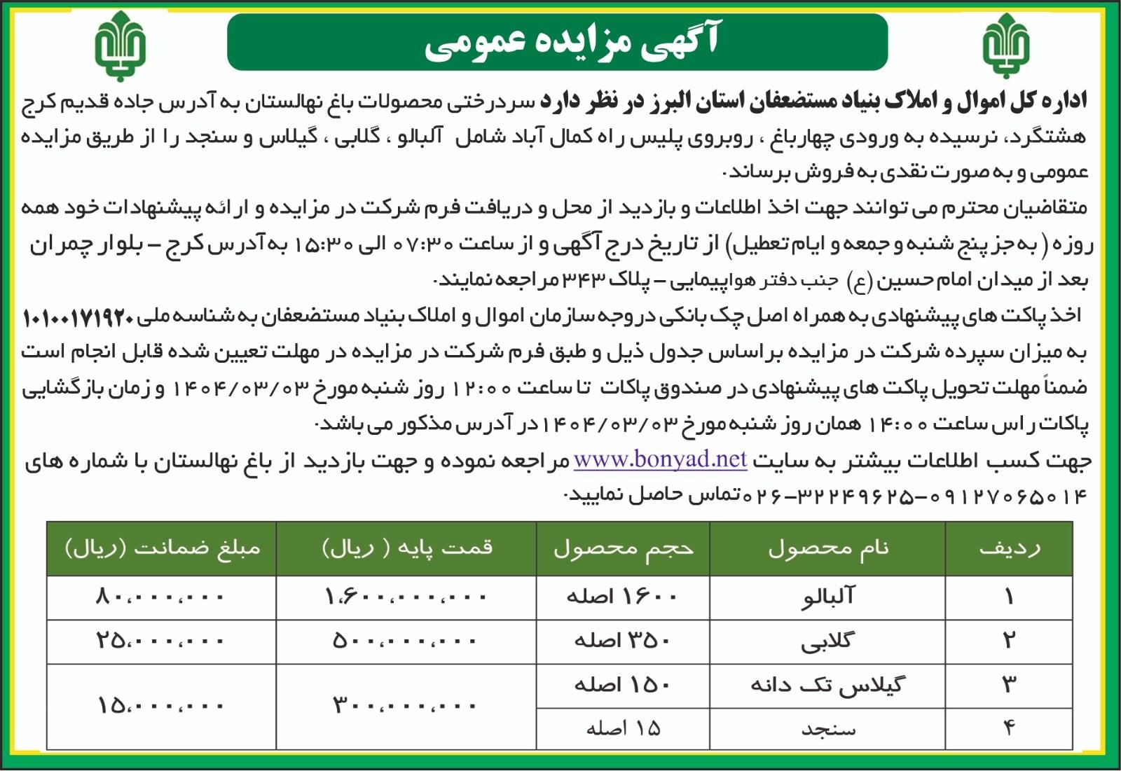 مزایده سردرختی محصولات باغ نهالستان شامل آلبالو ، گلابی ، گیلاس و سنجد