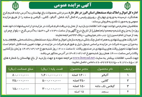مزایده سردرختی محصولات باغ نهالستان شامل آلبالو ، گلابی ، گیلاس و سنجد